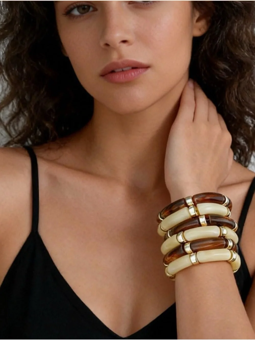 6pc Chunky Marbled Resin Bangle Set-Tortoise & Cream Gold-Tone Bracelet Stack